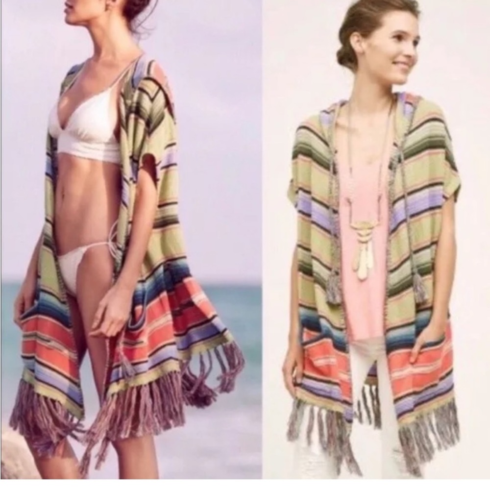 Anthropologie Multicolor Striped Fringe Knit Poncho